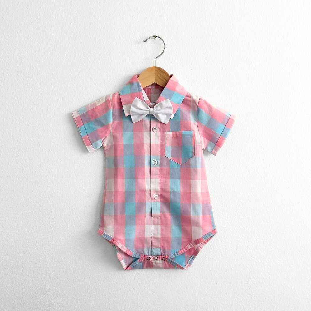 NWT Cute Boys Oxford Short Sleeve Onesie Romper Checkered Easter Outfit 3-6M